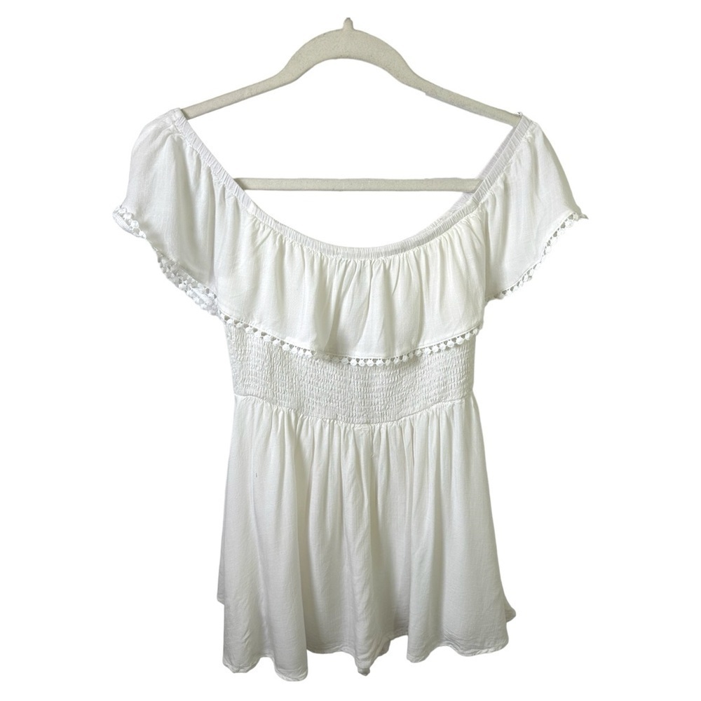 Lulu’s Jumpsuit Womens Small Peasant Off Shoulder Romper Skort White Rayon - Picture 4 of 10